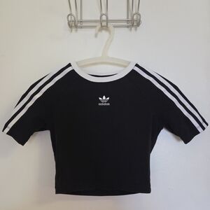 Adidas Black Cropped Tee with White Stripe Shoulders